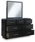 Rowanbeck Queen Upholstered Panel Bed with Mirrored Dresser, Chest and Nightstand