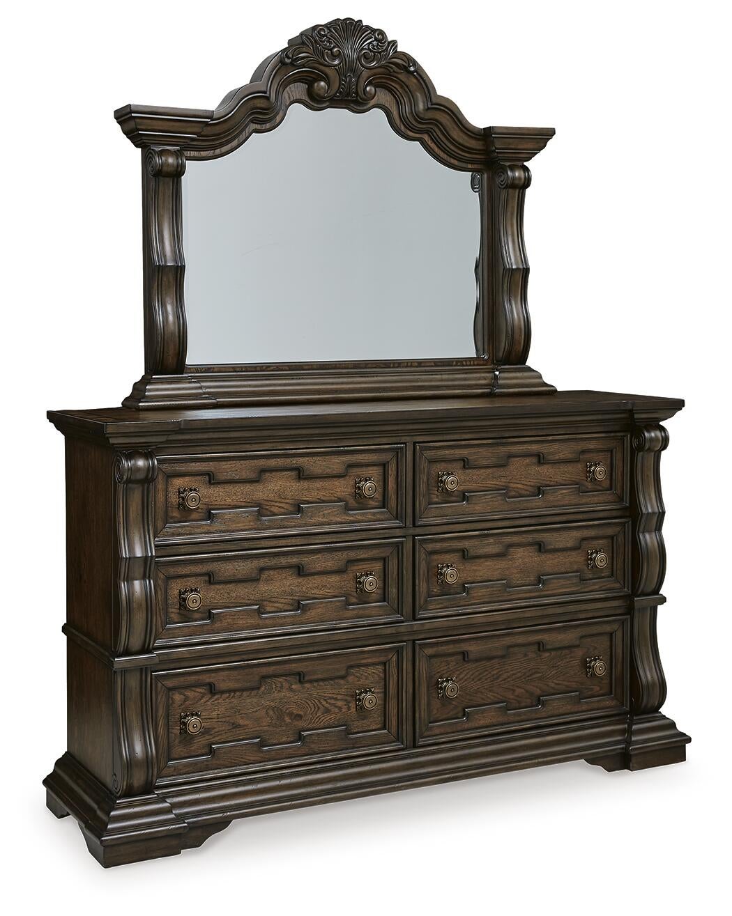 Maylee California King Upholstered Bed, Dresser, Mirror, Chest and Nightstand