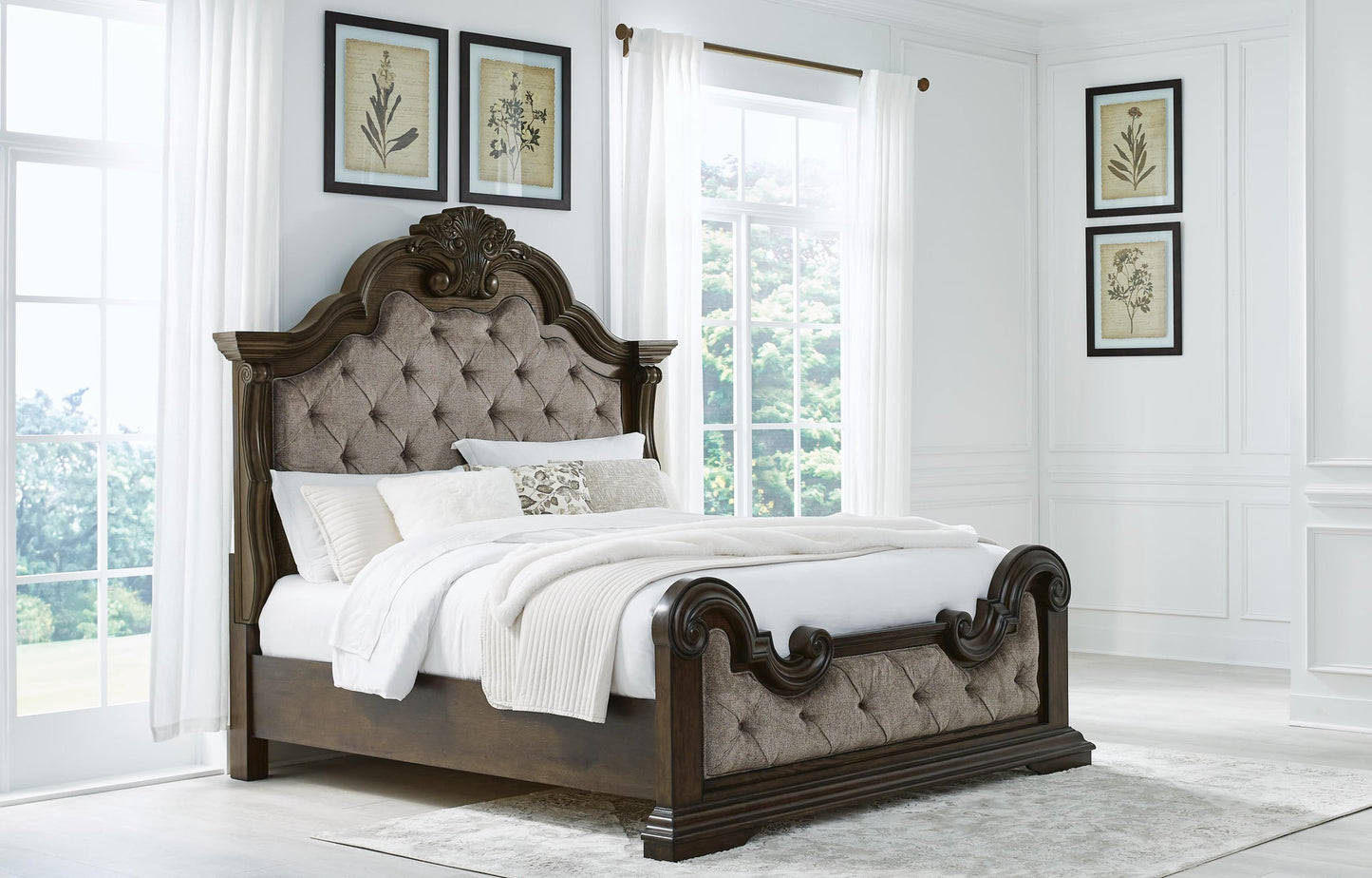 Maylee Queen Upholstered Bed with Mirrored Dresser and Nightstand