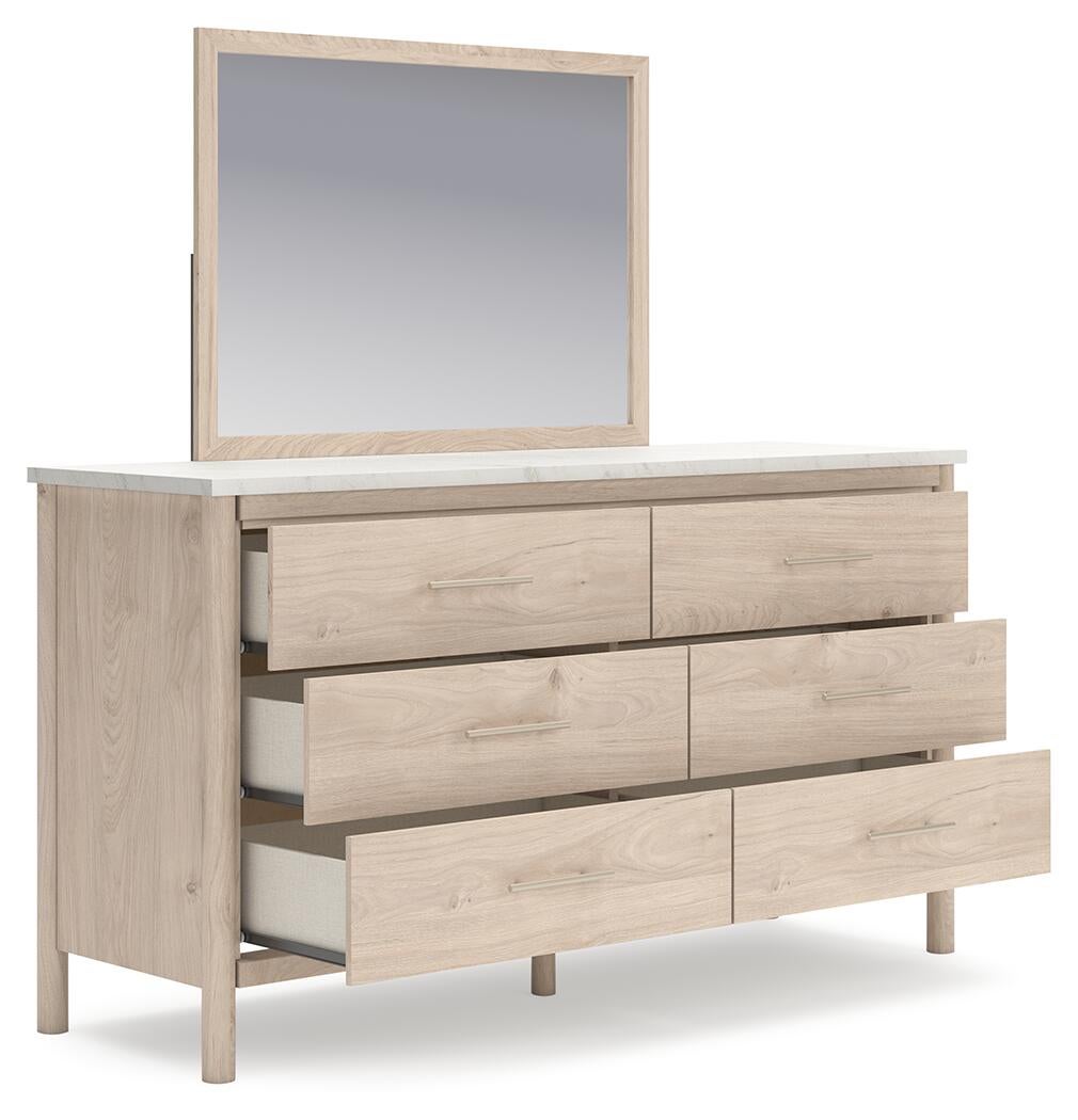 Cadmori Queen Upholstered Panel Bed with Mirrored Dresser and Nightstand