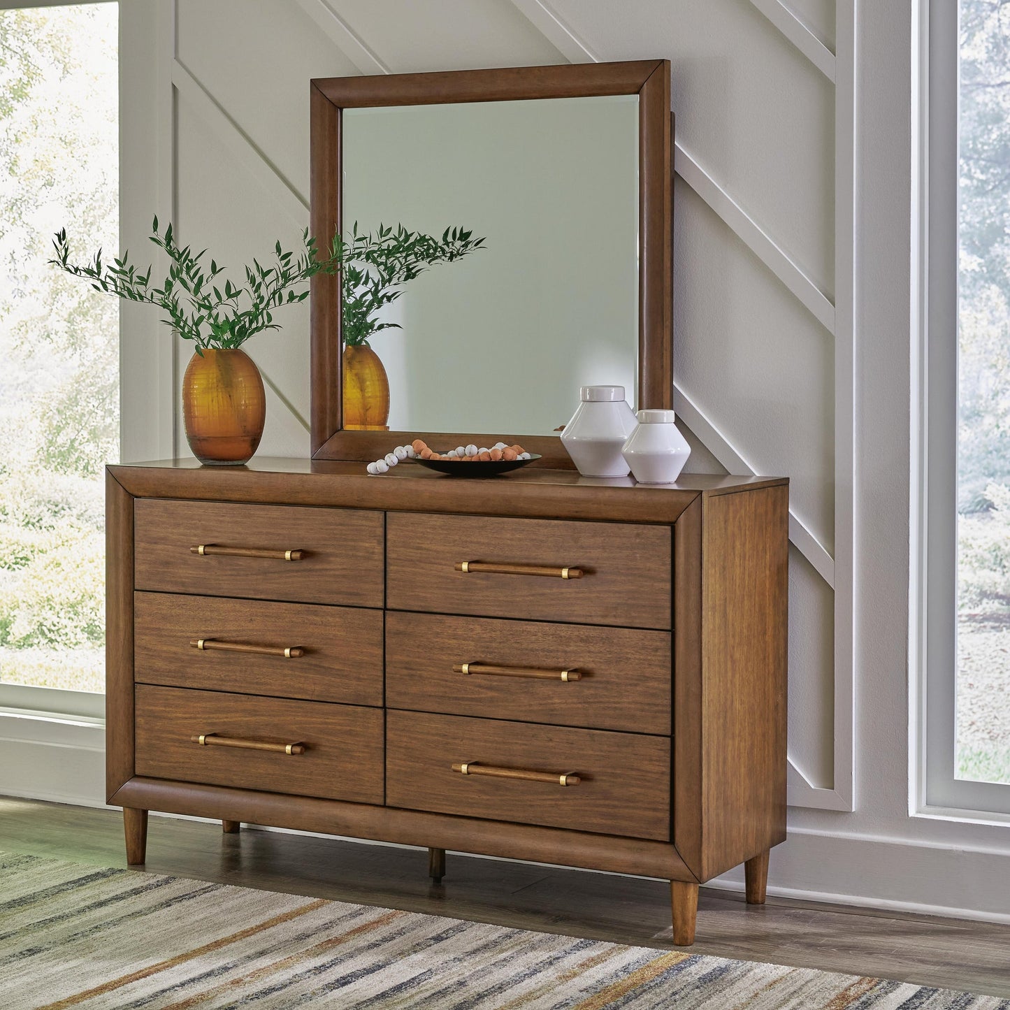 Lyncott King Upholstered Bed with Mirrored Dresser and Nightstand