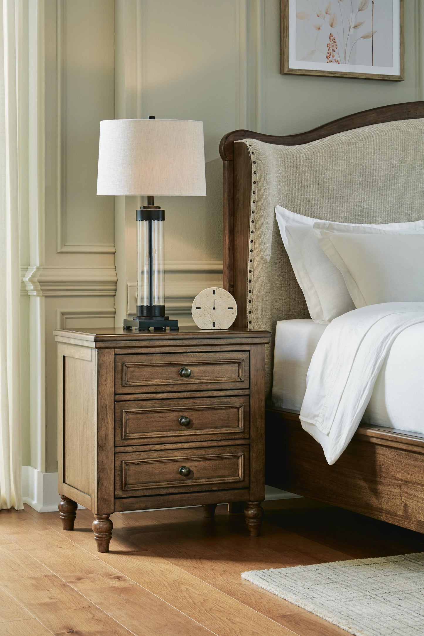 Sturlayne Queen Upholstered Panel Bed, Dresser, Mirror, Chest and Nightstand
