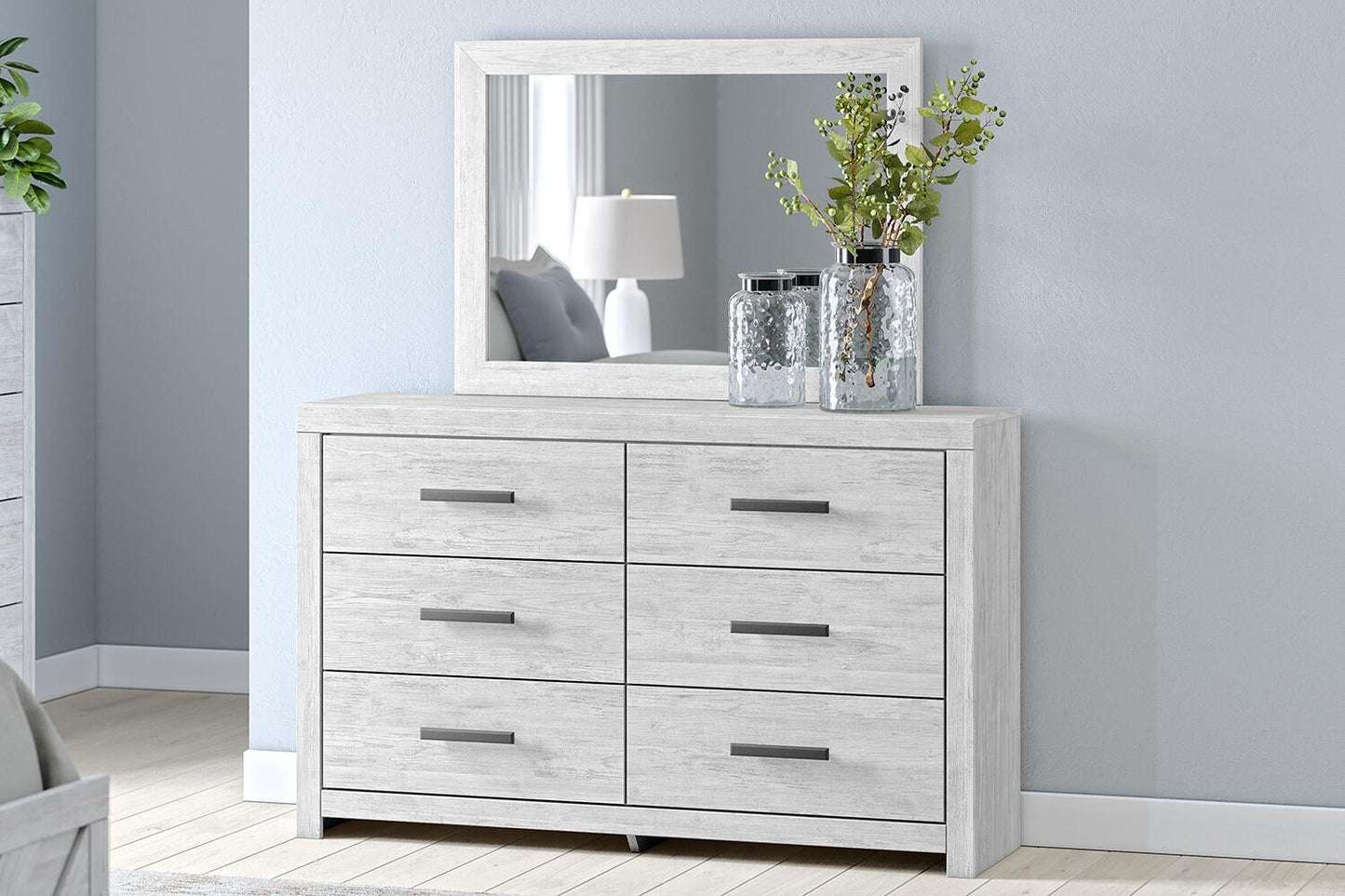 Cayboni Twin Panel Bed with Mirrored Dresser