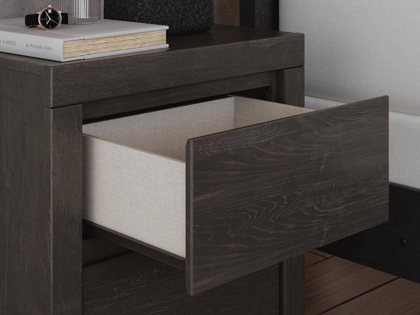 Parlayon Queen Panel Storage Bed, Dresser, Mirror and Nightstand