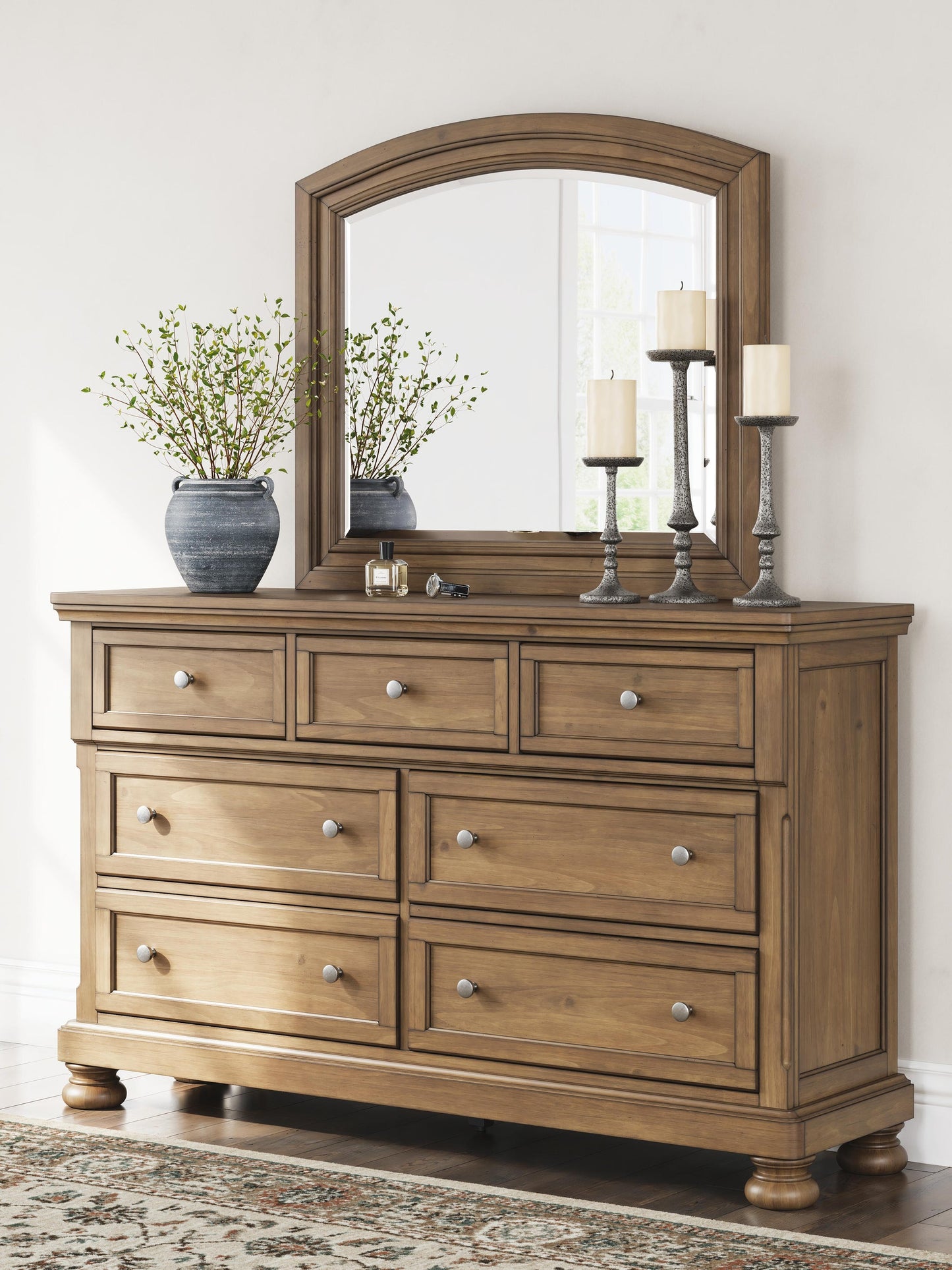 Vandenmore California King Panel Bed with Mirrored Dresser, Chest and Nightstand