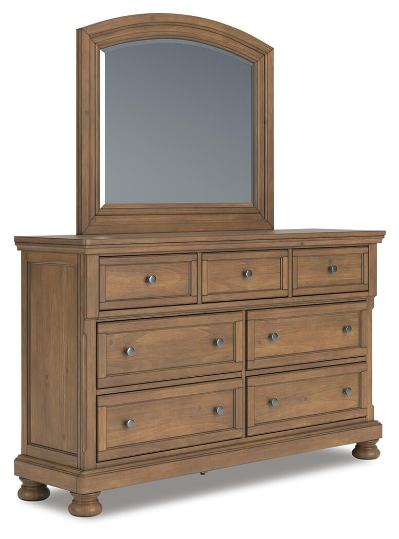 Vandenmore King Storage Sleigh Bed with Mirrored Dresser and Nightstand