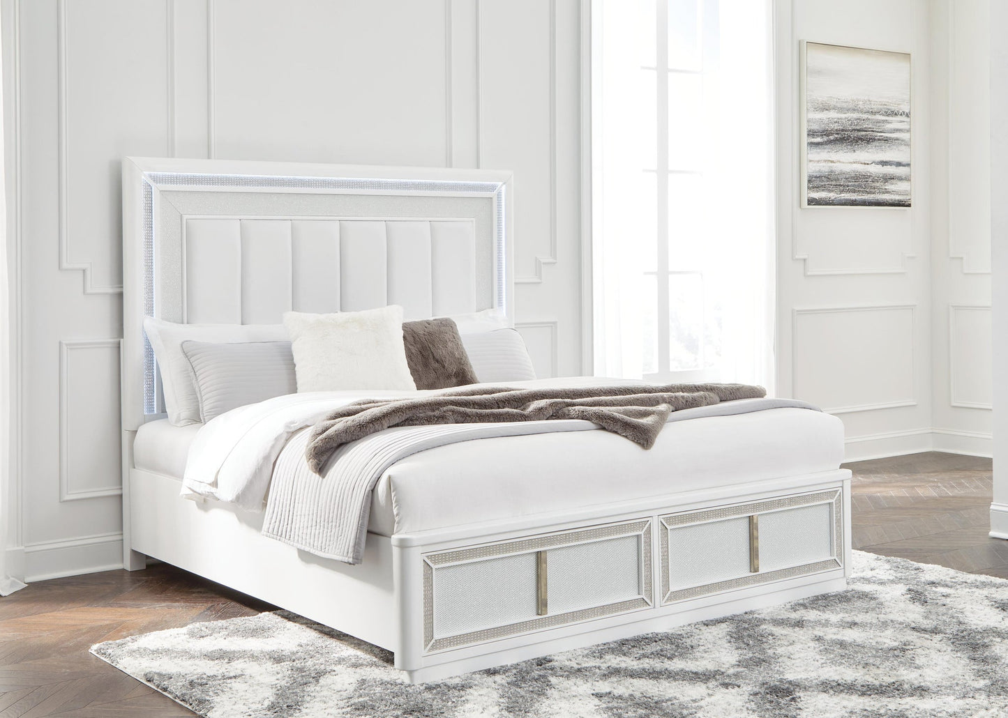 Chalanna King Upholstered Storage Bed, Dresser, Mirror, Chest and Nightstand