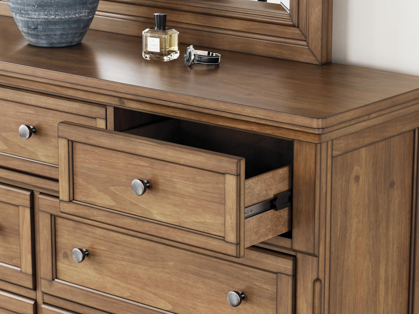 Vandenmore King Storage Sleigh Bed with Mirrored Dresser