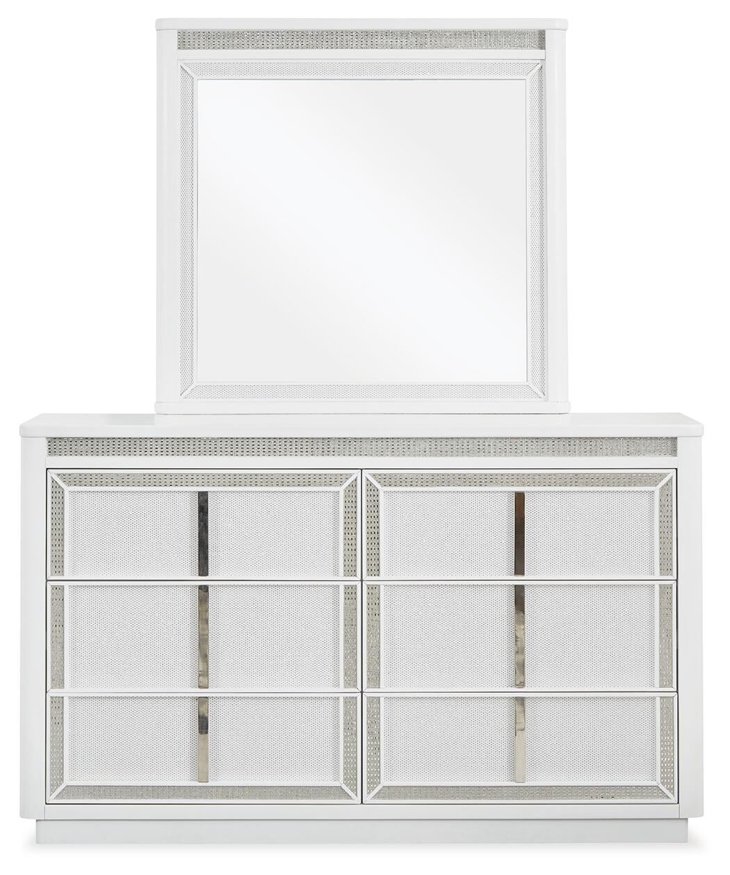 Chalanna King Upholstered Storage Bed, Dresser, Mirror and Nightstand