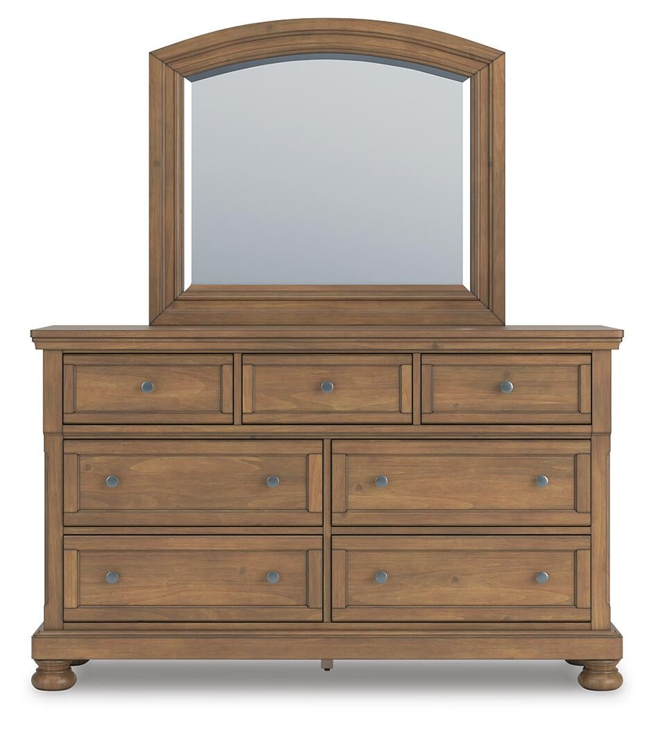 Vandenmore Queen Storage Sleigh Bed with Mirrored Dresser