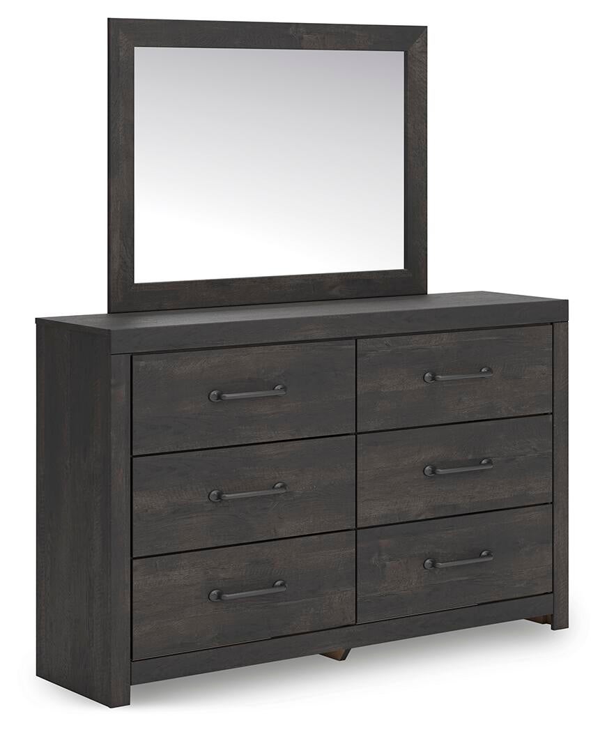 Delmorta Full Panel Bed with Storage, Dresser, Mirror, Chest and Nightstand