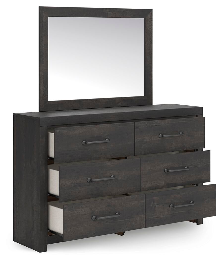Delmorta Full Panel Bed with Storage, Dresser, Mirror and Nightstand