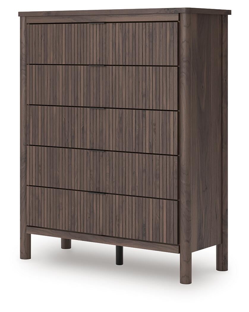 Cadmori Queen Upholstered Panel Platform Bed, Dresser, Mirror, Chest and Nightstand