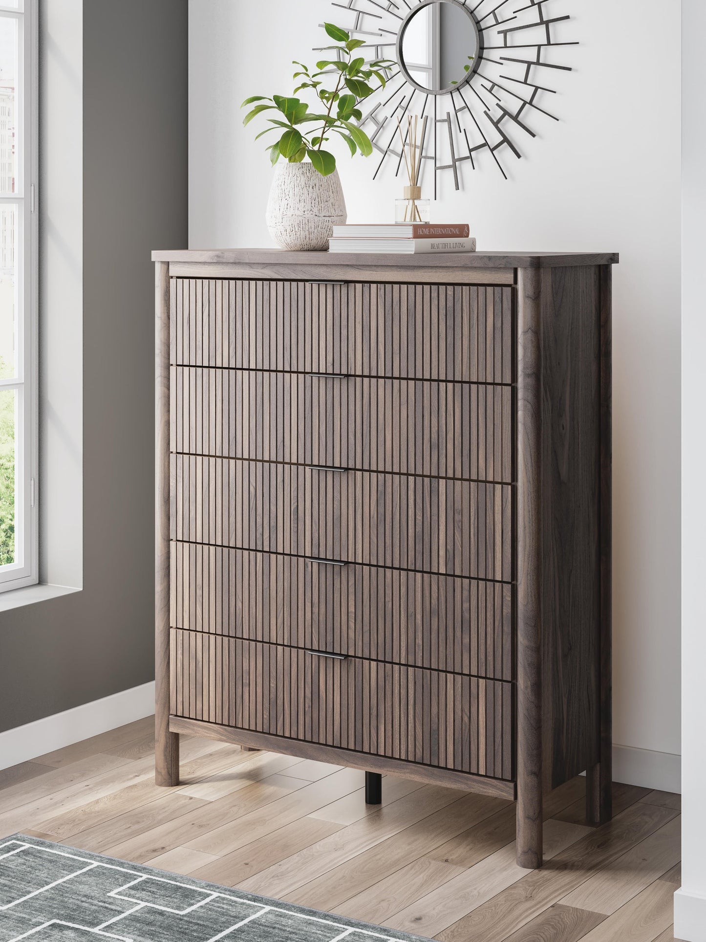 Cadmori King Upholstered Panel Platform Bed, Dresser, Mirror, Chest and Nightstand