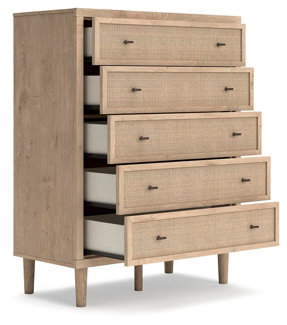 Cielden California King Upholstered Bed with Roll Slats, Dresser, Mirror, Chest and Nightstand