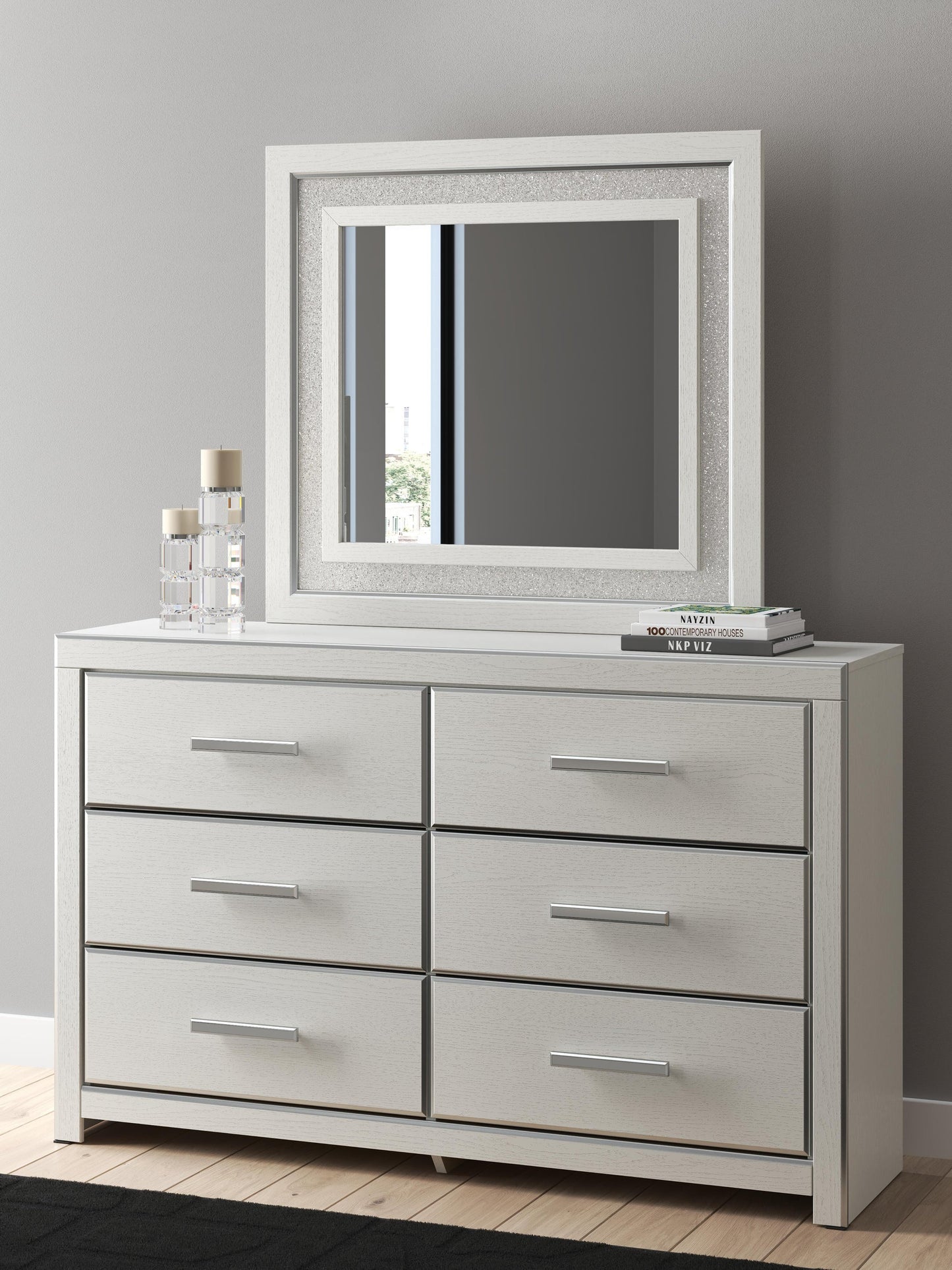 Birmonton King Upholstered Panel Platform Bed, Dresser, Mirror and Nightstand