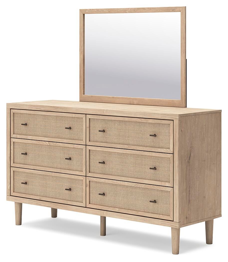 Cielden California King Upholstered Bed with Roll Slats, Dresser, Mirror and Nightstand