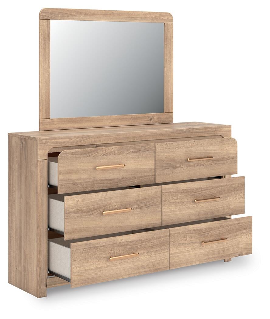 Hollymount Queen Upholstered Panel Bed, Dresser, Mirror and Nightstand