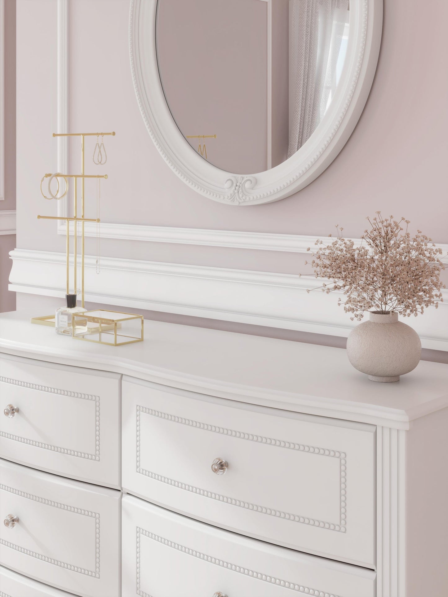 Maylilly Full Upholstered Panel Bed, Dresser, Mirror and Nightstand
